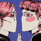 An illustration of two figures with pink hair and pink eyes against a purple background, touching hands and staring lovingly at each other.
